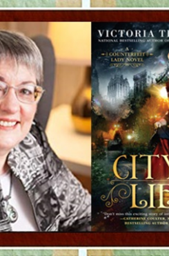 Author Victoria Thompson with "City of Lies" book cover