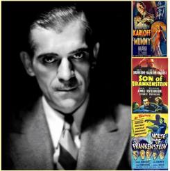 Boris Karloff with posters from his movies